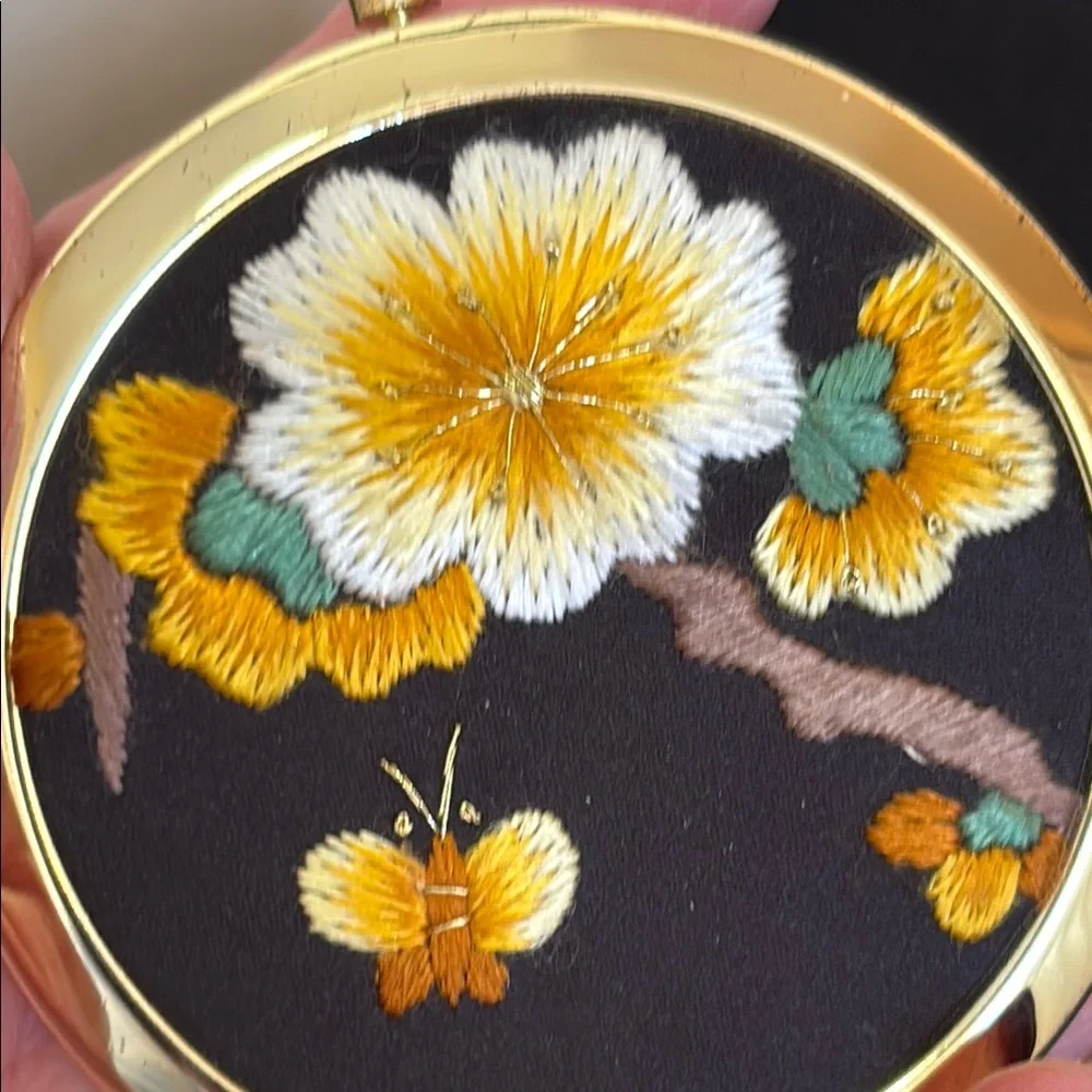 Lovely Embroidered Floral Butterfly Compact Mirror Gold Tone Yellow Green Brown